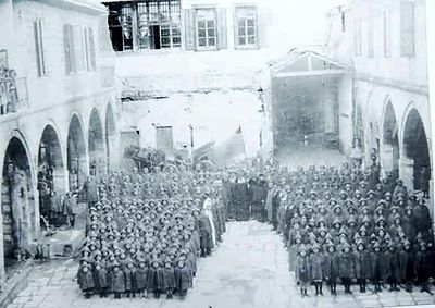 1920 Feb 10 Children assembled in the courtyard of the AGBU's Mersin orphanage during a visit by Catholicos Sahag II