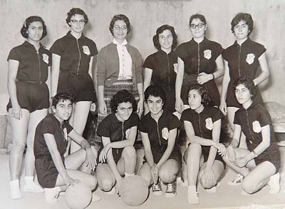 1959 Jun AGBU Tarouhy Hagopian Basketbal and Voleyball 1st and 2nd teams with Coach Miss Arsho Keoshgerian