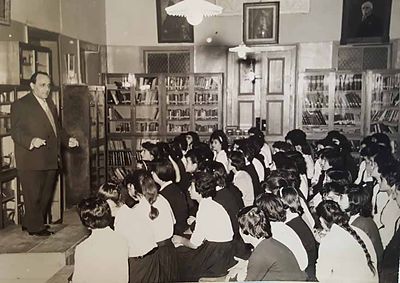 1959 Jun AGBU Tarouhy Hagopian Sec. School for Girls Students Choir rehersal at the Library Conductor Mr. H. Berberian