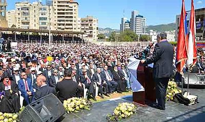 2015 Apr 24 Armenian Genocide100 Mr Vicken Tchertchian at the Official Popular rmeeting at Bourdj Hamoud Municipality stadium